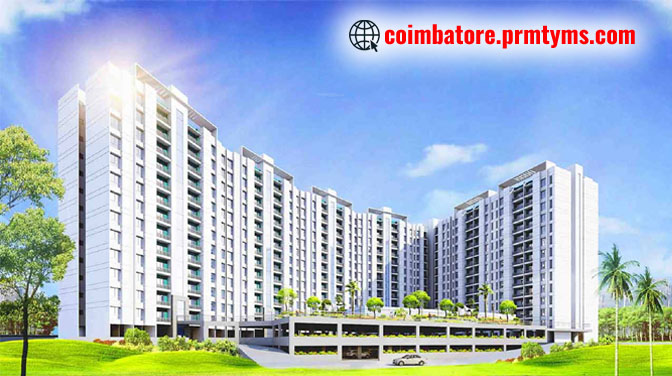 Modern high-rise residential apartment complex in Coimbatore with landscaped greenery